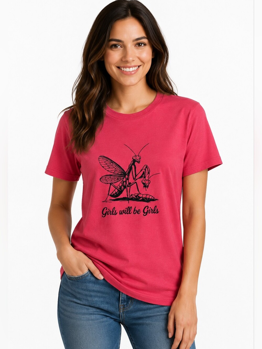Bella + Canvas Small Heather Red Graphic Tee Girls Will Be Girls Praying Mantis